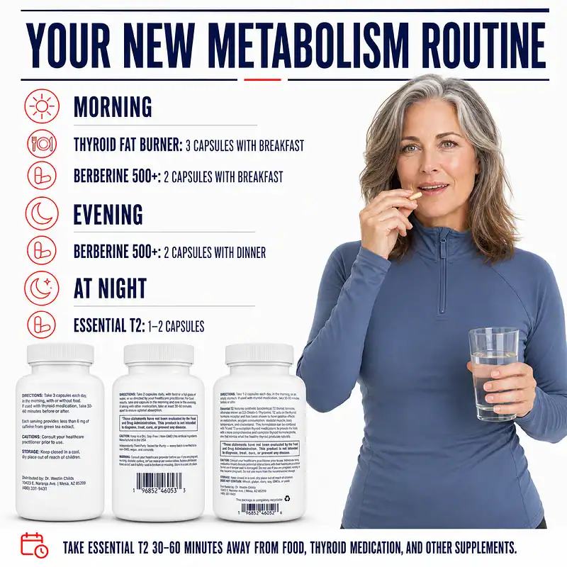 Woman taking a capsule with water beside morning, evening, and nighttime directions for Thyroid Fat Burner, Berberine 500+, and Essential T2