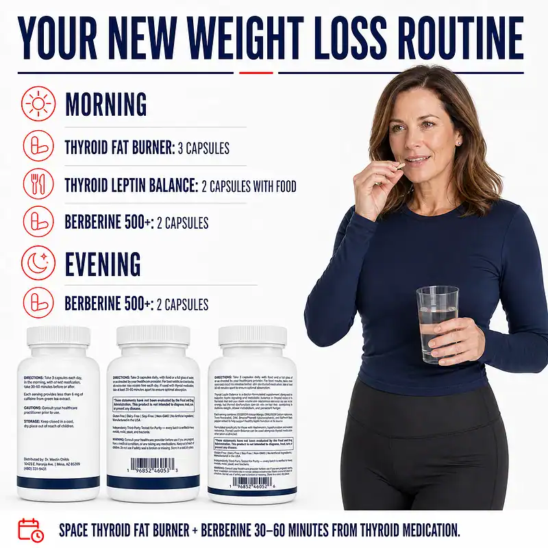 Woman taking a capsule with water beside morning and evening directions for the Thyroid Weight Loss Stack and thyroid medication spacing guidance