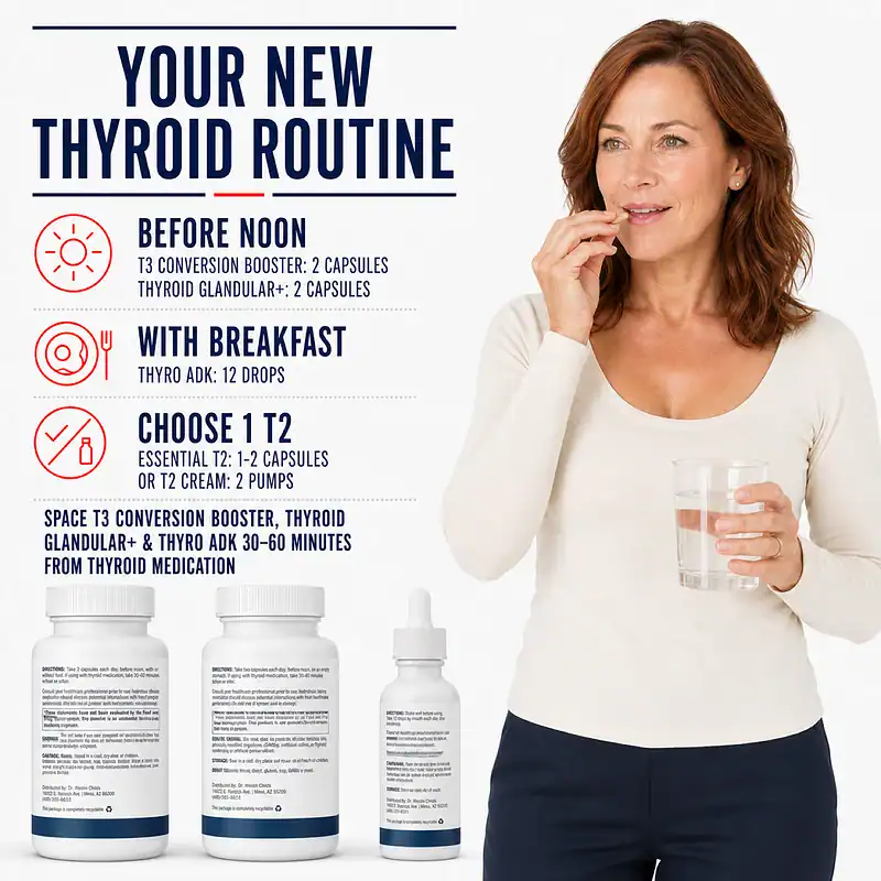Woman taking a capsule with water beside the daily schedule for T3 Conversion Booster, Thyroid Glandular+, Thyro ADK, and the chosen T2 option