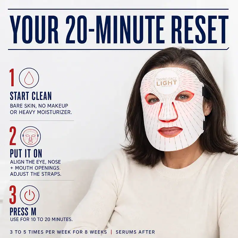 Woman wearing Thyro Face Light beside instructions to start with clean skin, put on the mask, press M, and use it for 10 to 20 minutes.
