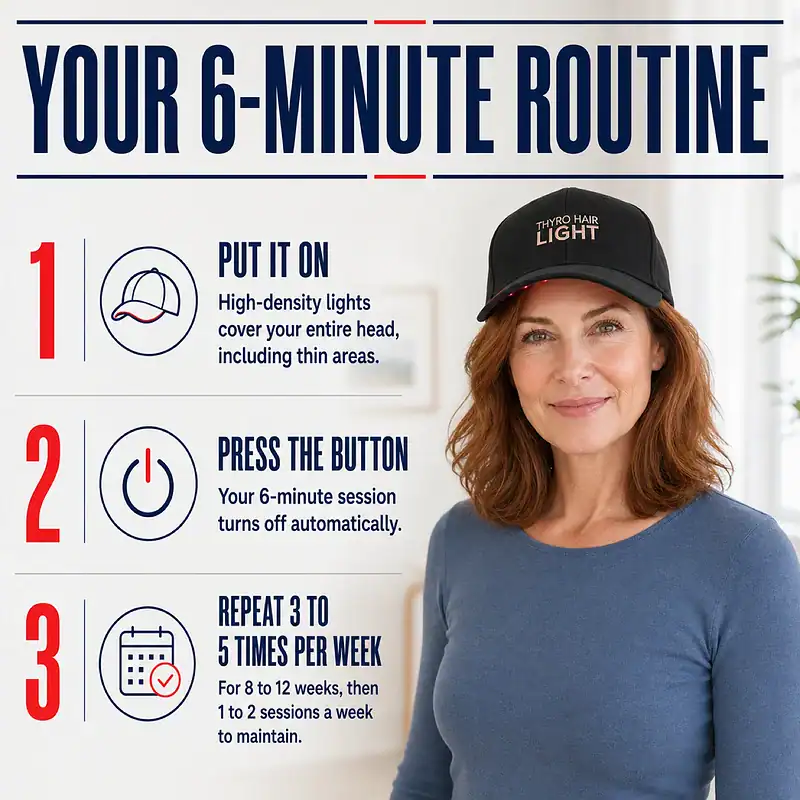 Three-step Thyro Hair Light routine: put on the cap, press the button for an automatic 6-minute session, and repeat 3 to 5 times per week.