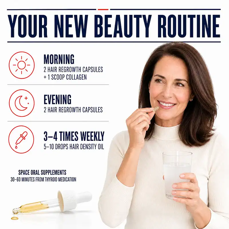 Woman taking a capsule with collagen water beside the Hair, Skin & Nails Beauty Stack schedule: two Hair Regrowth capsules morning and evening, one scoop of collagen daily, and Hair Density Oil three to four times weekly.