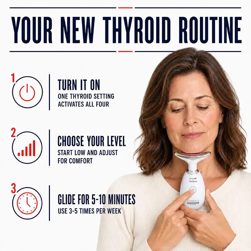 Woman demonstrating the Thyroid Massager routine: turn it on, choose a level, and glide for 5 to 10 minutes.