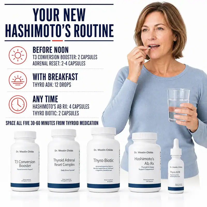 Woman taking a capsule with water beside the daily schedule for all five supplements in the Hashimoto's Antibody Support Stack and thyroid medication spacing instructions.