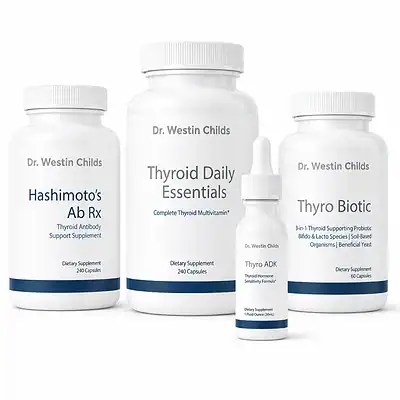 Four products included in the Hyperthyroid Calm and Balance Bundle: Thyroid Daily Essentials, Hashimoto's Ab Rx, Thyro Biotic, and Thyro ADK