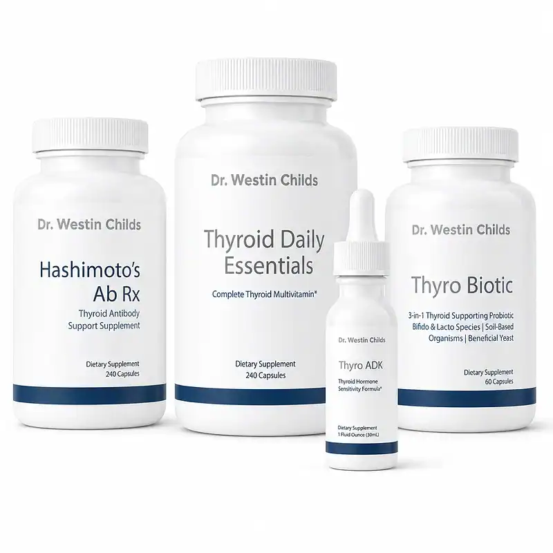 Four products included in the Hyperthyroid Calm and Balance Bundle: Thyroid Daily Essentials, Hashimoto's Ab Rx, Thyro Biotic, and Thyro ADK
