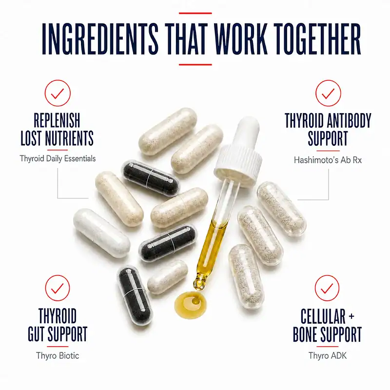 Assorted capsules and a liquid dropper showing nutrient, thyroid antibody, thyroid gut, cellular, and bone support in the Hyperthyroid Calm and Balance Bundle