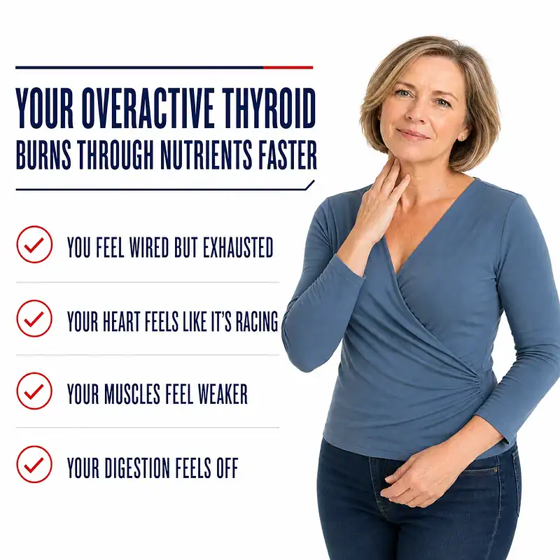 Woman touching her thyroid beside signs of an overactive thyroid, including feeling wired but exhausted, a racing heart, muscle weakness, and digestive discomfort