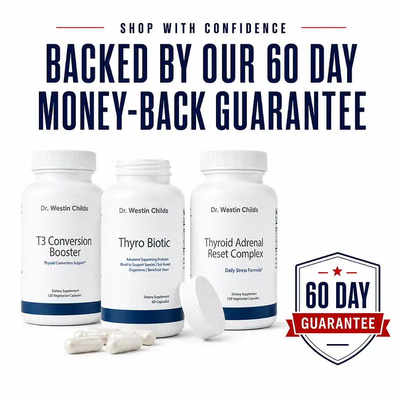 Hypothyroid Energy and Metabolism Support Stack bottles and capsules beside a 60-day money-back guarantee badge