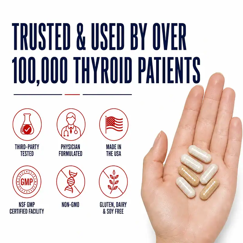 Hand holding assorted supplement capsules beside third-party tested, physician formulated, made in USA, NSF GMP, non-GMO, and allergen-free badges