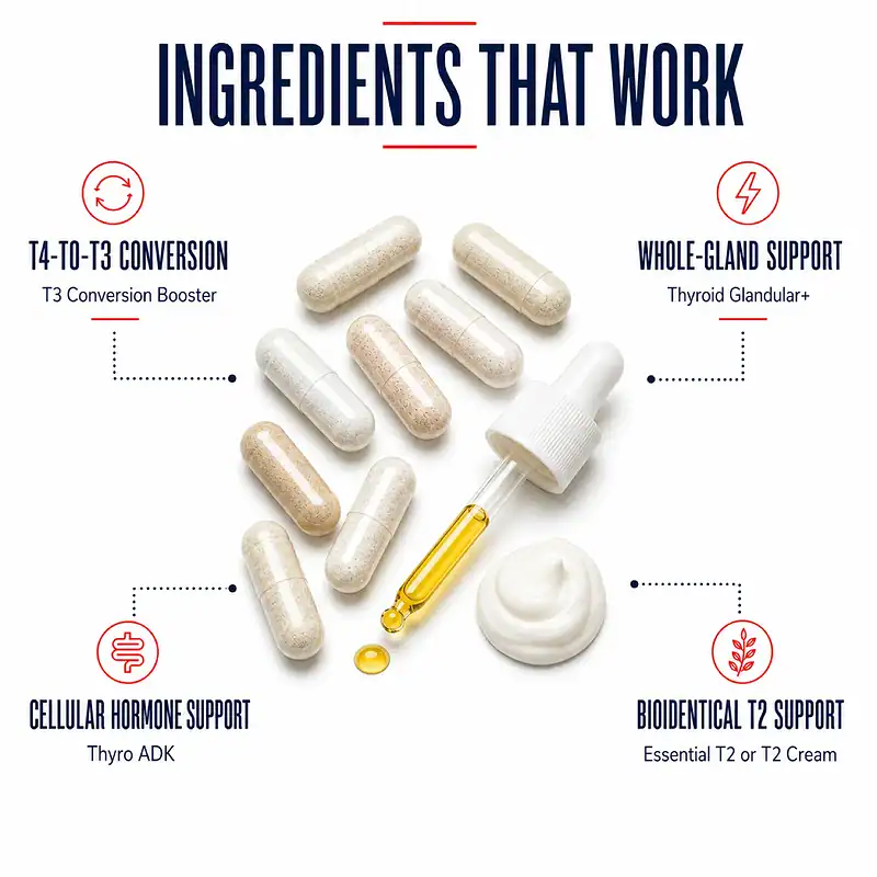 Capsules, dropper, and cream representing T3 conversion, whole-gland support, cellular thyroid support, and T2 support in the Thyroidectomy Recovery Support Stack