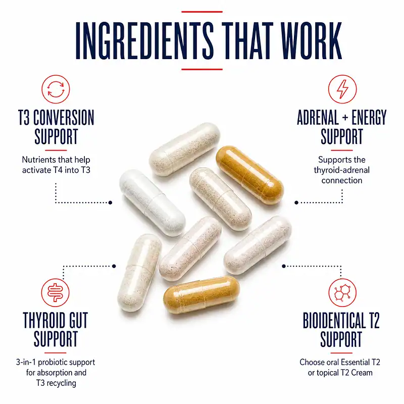 Ingredients That Work infographic showing T3 conversion, adrenal energy, thyroid gut, and bioidentical T2 support