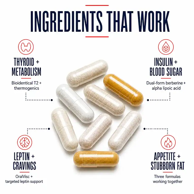 Assorted Thyroid Weight Loss Stack capsules surrounded by callouts for metabolism, blood sugar, leptin, cravings, appetite, and stubborn fat