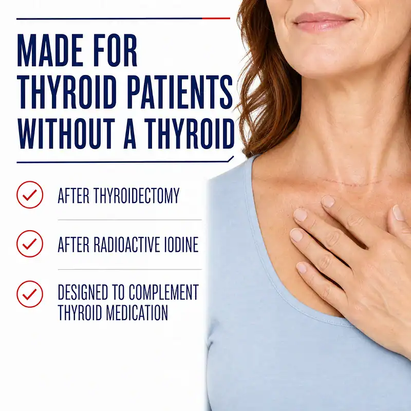 Close-up of a woman with a healed thyroidectomy scar and her hand at her neck beside post-thyroidectomy, radioactive iodine, and thyroid medication support points