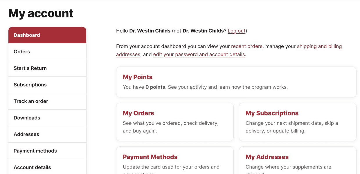 Current Dr. Westin Childs account dashboard with the Subscriptions link and My Subscriptions card