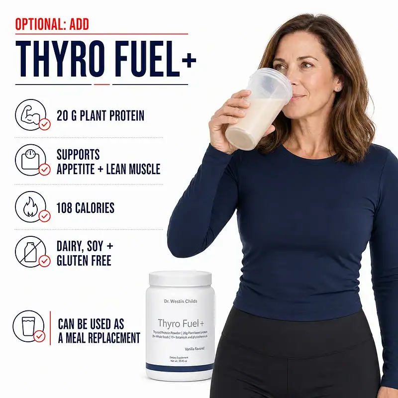 Woman drinking a Thyro Fuel+ protein shake beside plant protein, calorie, allergen, appetite, lean muscle, and meal replacement callouts