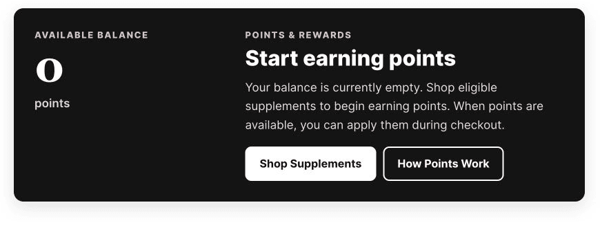 The current points balance and rewards dashboard