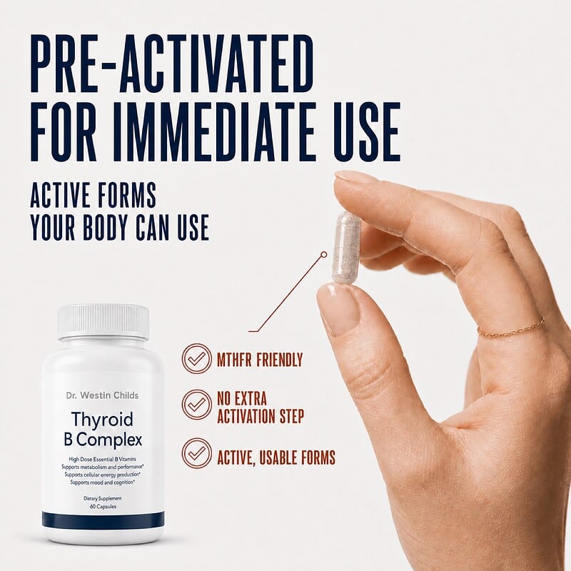 Thyroid B Complex capsule and bottle highlighting pre-activated, MTHFR-friendly B vitamin forms.
