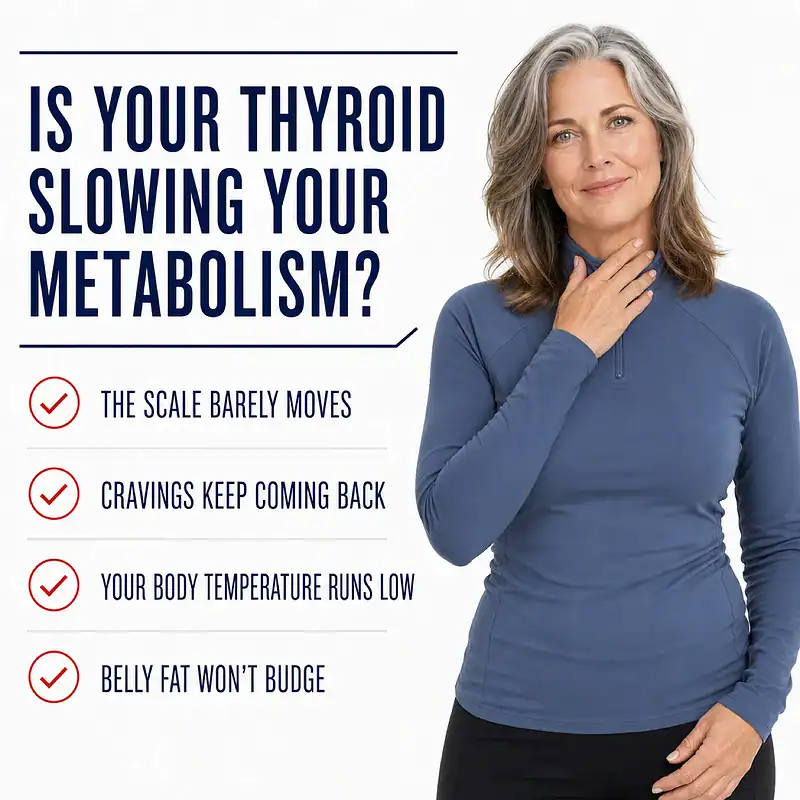 Woman touching her thyroid beside signs of slow metabolism, recurring cravings, low body temperature, and stubborn belly fat