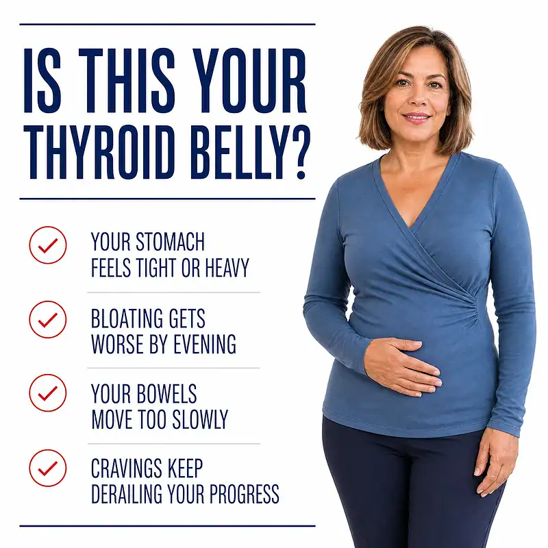 Woman resting her hand on her abdomen beside signs of thyroid belly, including evening bloating, slow bowel movements, and cravings.