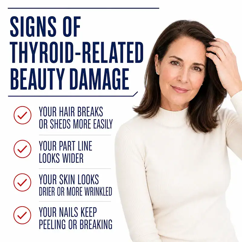 Woman touching her hair beside signs of thyroid-related beauty damage, including shedding, a widening part, dry skin, and brittle nails.