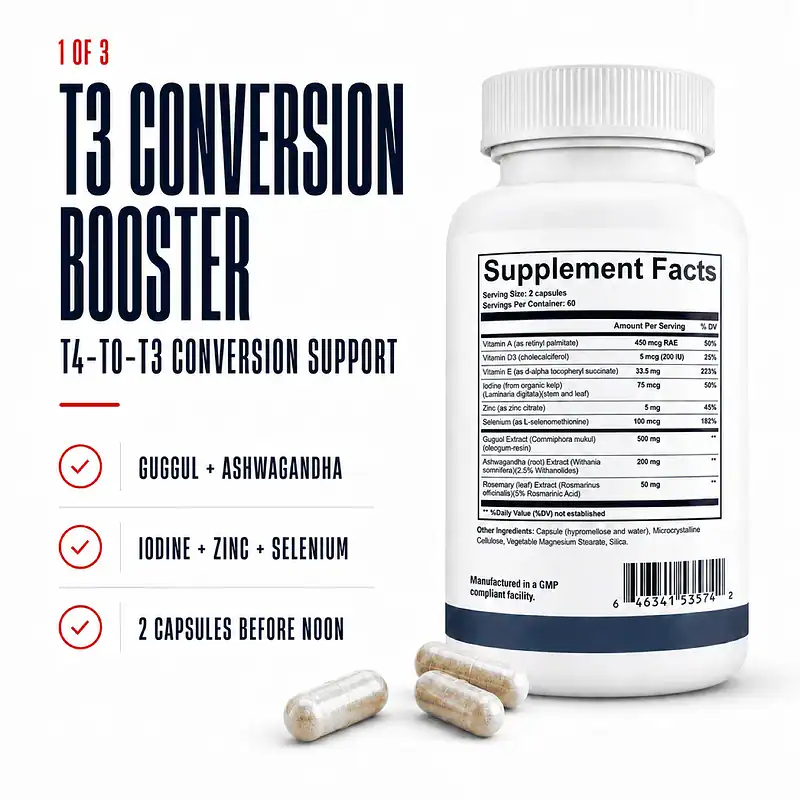 T3 Conversion Booster Supplement Facts and capsules for T4-to-T3 conversion support in the Core Thyroid Trio