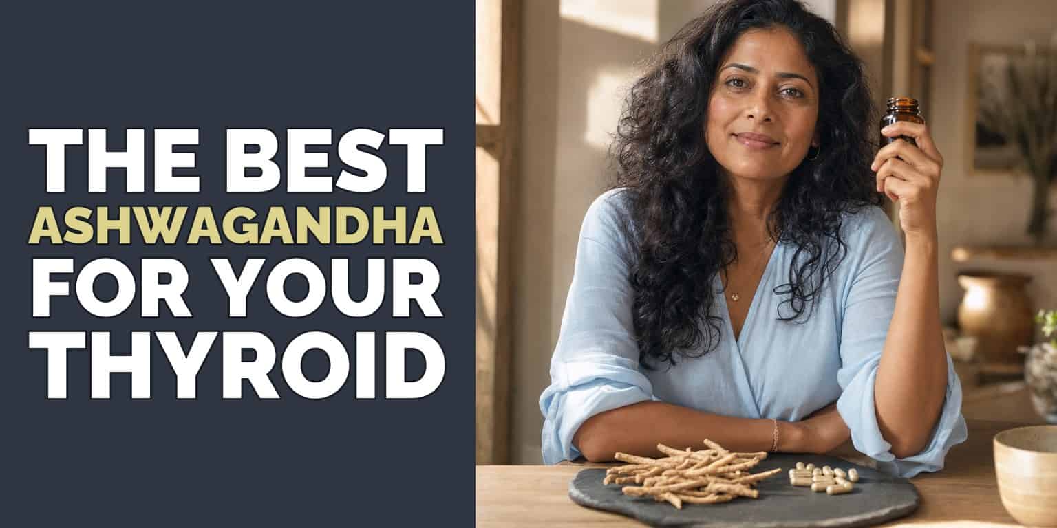 Woman holding a bottle of ashwagandha supplements with ashwagandha root and capsules on the table in front of her