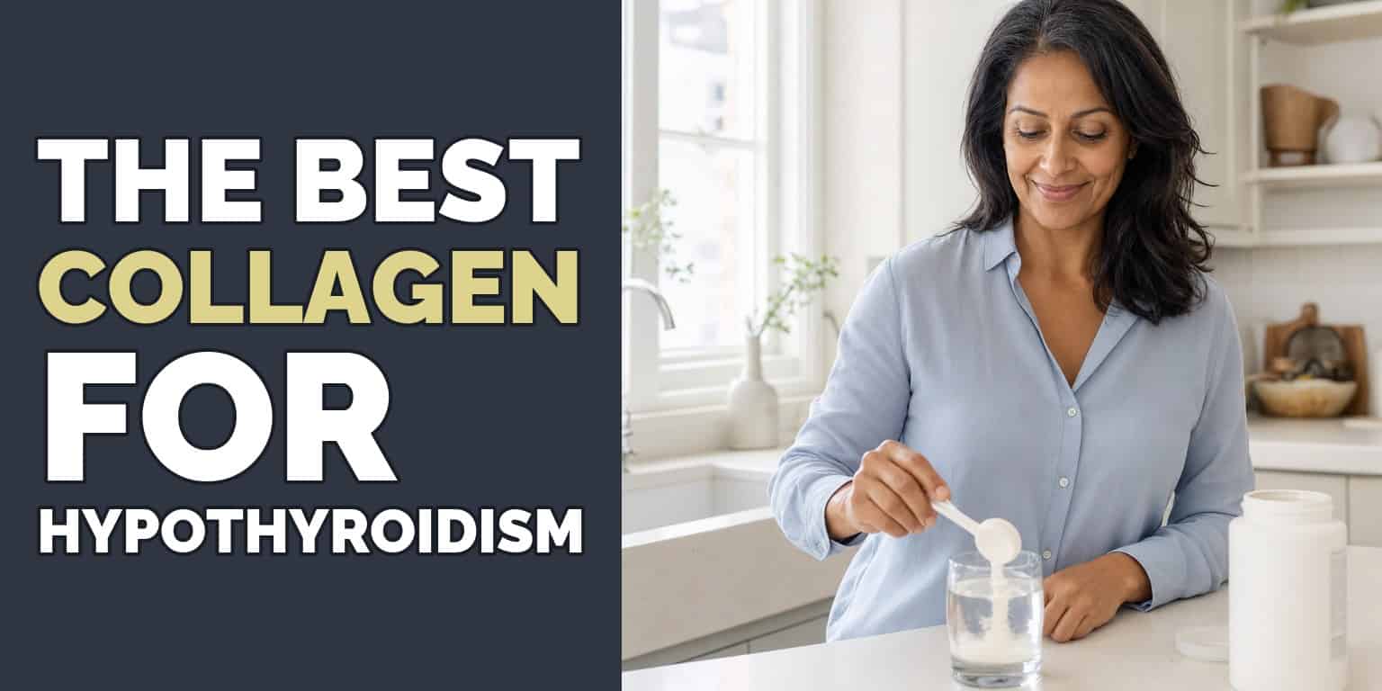 Woman stirring a scoop of collagen powder into a glass of water in a bright kitchen