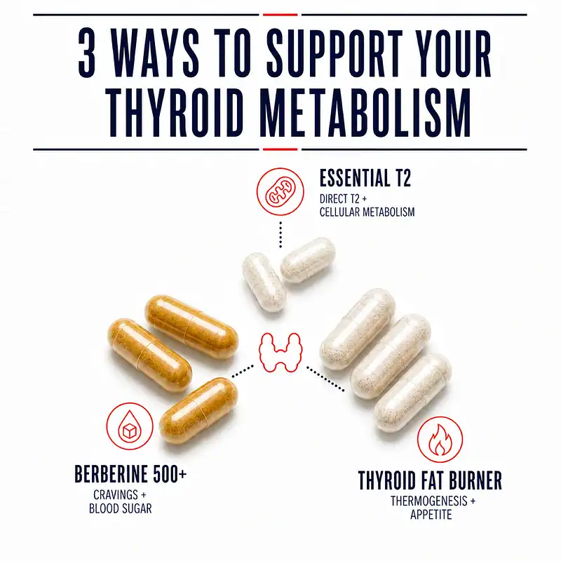 Golden Berberine 500+, off-white Thyroid Fat Burner, and smaller Essential T2 capsules illustrating three ways to support thyroid metabolism