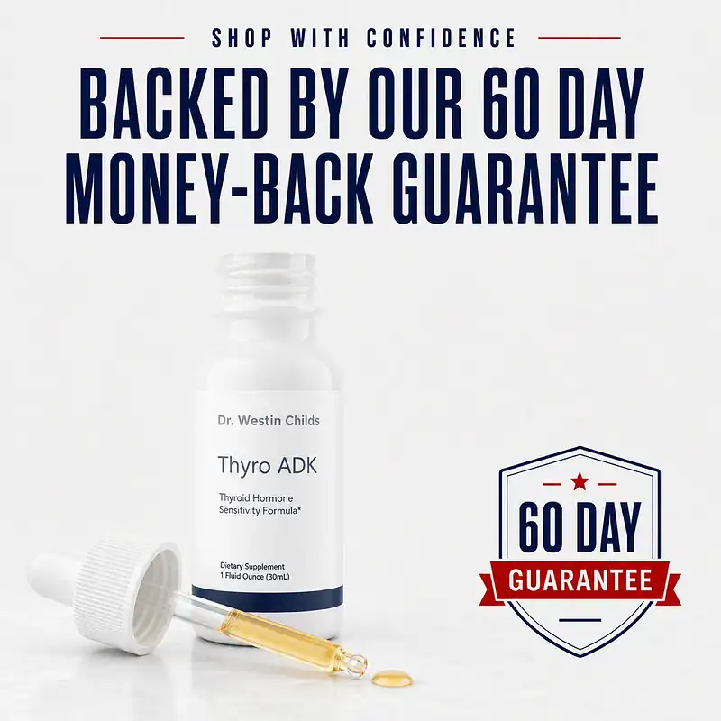 Open Thyro ADK liquid dropper bottle with golden oil and a 60-day money-back guarantee badge.