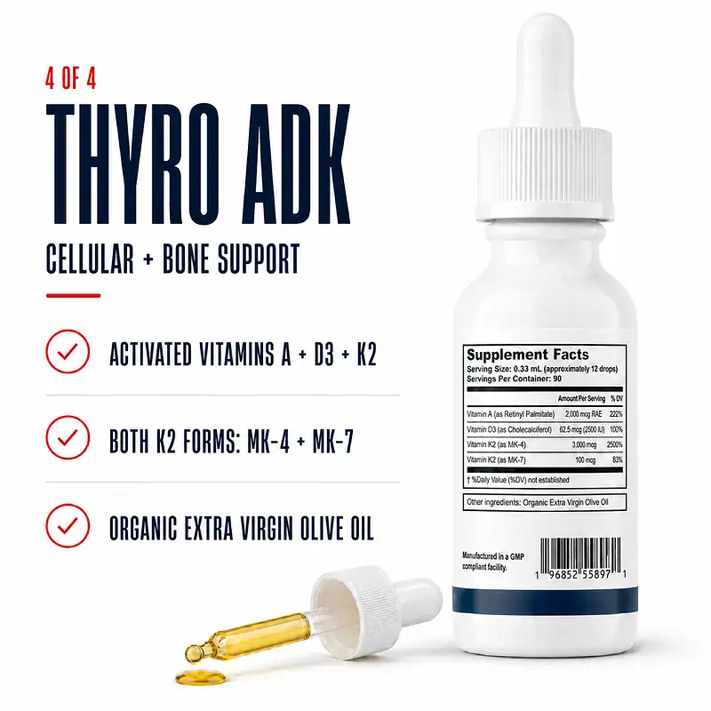 Thyro ADK Supplement Facts with white-topped liquid dropper and activated vitamins A, D3, K2, and organic extra virgin olive oil