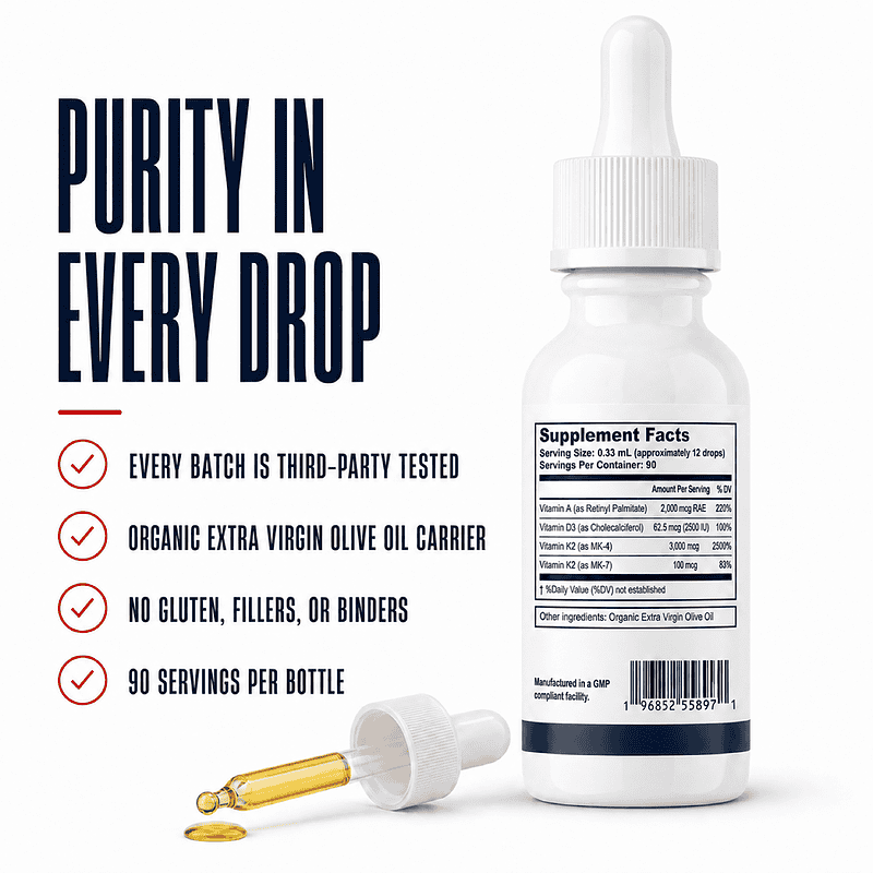 Thyro ADK Supplement Facts panel showing 12 drops per serving, 90 servings, vitamins A, D3, K2 MK-4 and MK-7, and organic extra virgin olive oil.