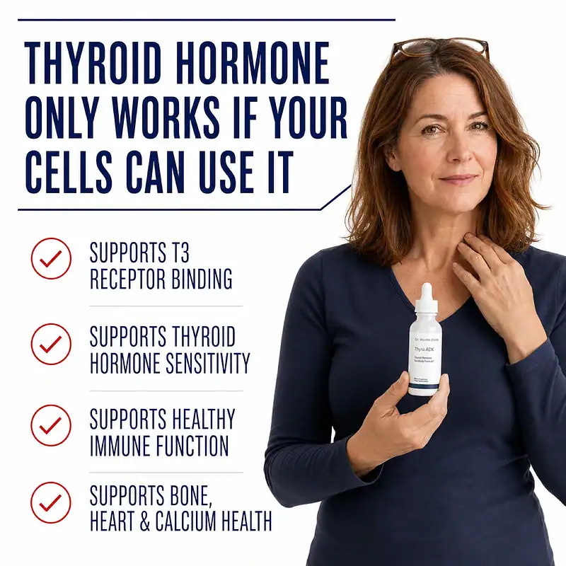 Woman holding Thyro ADK beside benefits for T3 receptor binding, thyroid hormone sensitivity, immune health, and bone, heart, and calcium support.