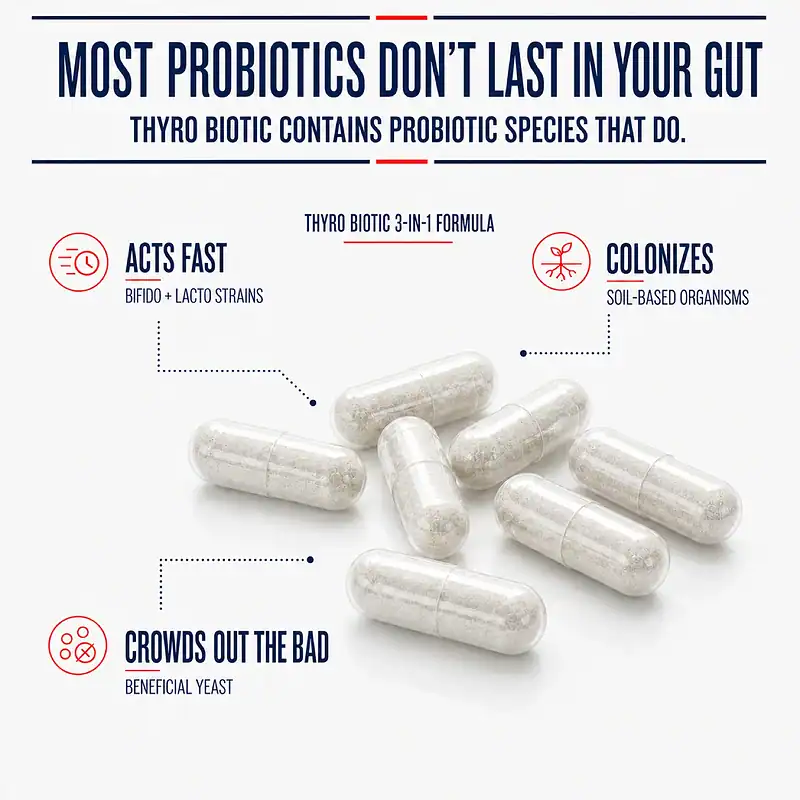 Clear Thyro Biotic capsules with a three-part probiotic formula: fast-acting bifido and lacto strains, colonizing soil-based organisms, and beneficial yeast.