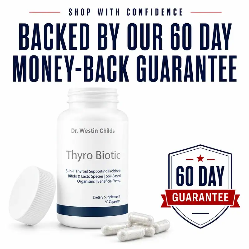 Open Thyro Biotic bottle with clear capsules and a 60-day money-back guarantee badge.