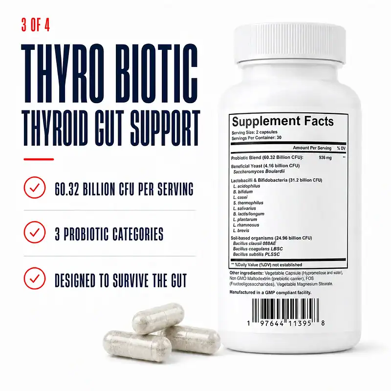 Thyro Biotic Supplement Facts with 60.32 billion CFU per serving and three probiotic categories