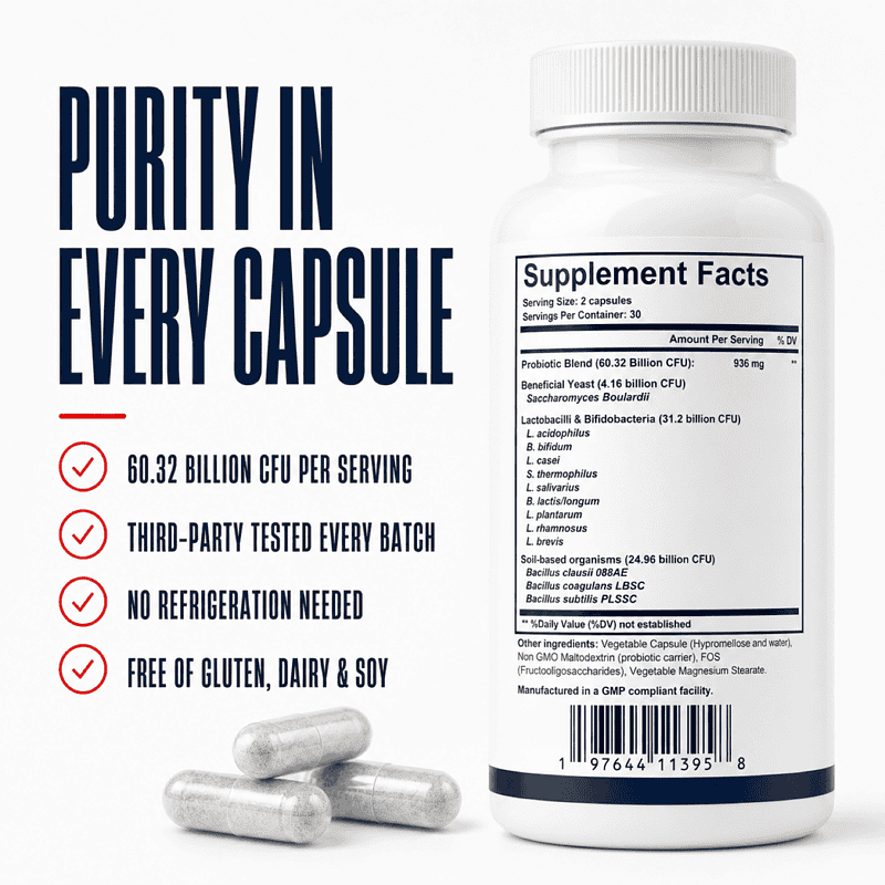 Thyro Biotic Supplement Facts bottle showing two capsules per serving, 60.32 billion CFU, 30 servings, probiotic strains, and Vegetable Magnesium Stearate.
