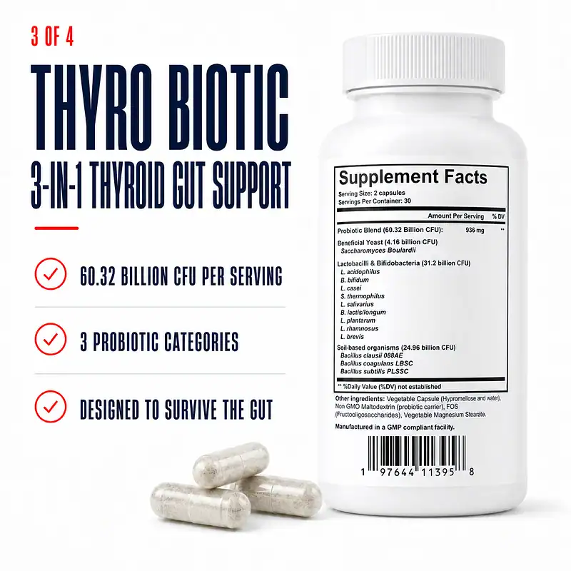 Thyro Biotic Supplement Facts with clear capsules and callouts for 60.32 billion CFU, three probiotic categories, and gut survival
