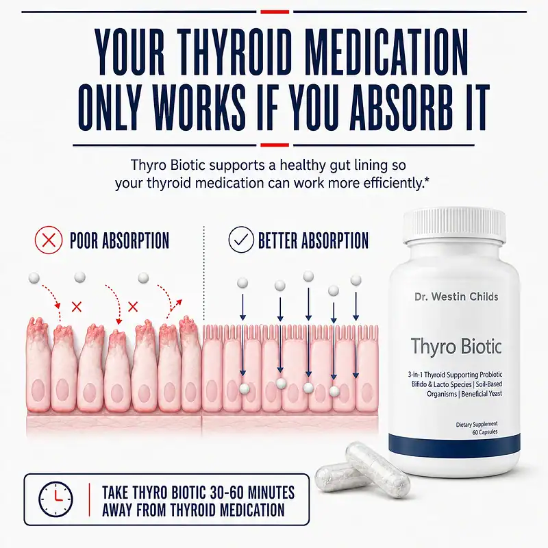 Diagram comparing poor and better intestinal absorption with directions to take Thyro Biotic 30 to 60 minutes away from thyroid medication.
