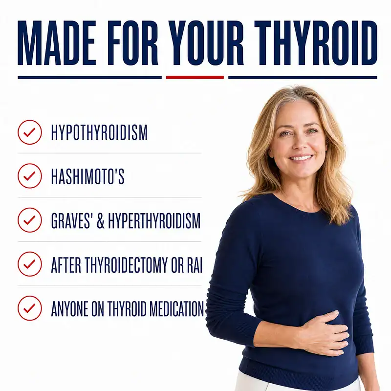 Woman beside a list showing Thyro Biotic is made for people with hypothyroidism, Hashimoto's, Graves' disease, hyperthyroidism, a thyroidectomy, RAI, or thyroid medication.