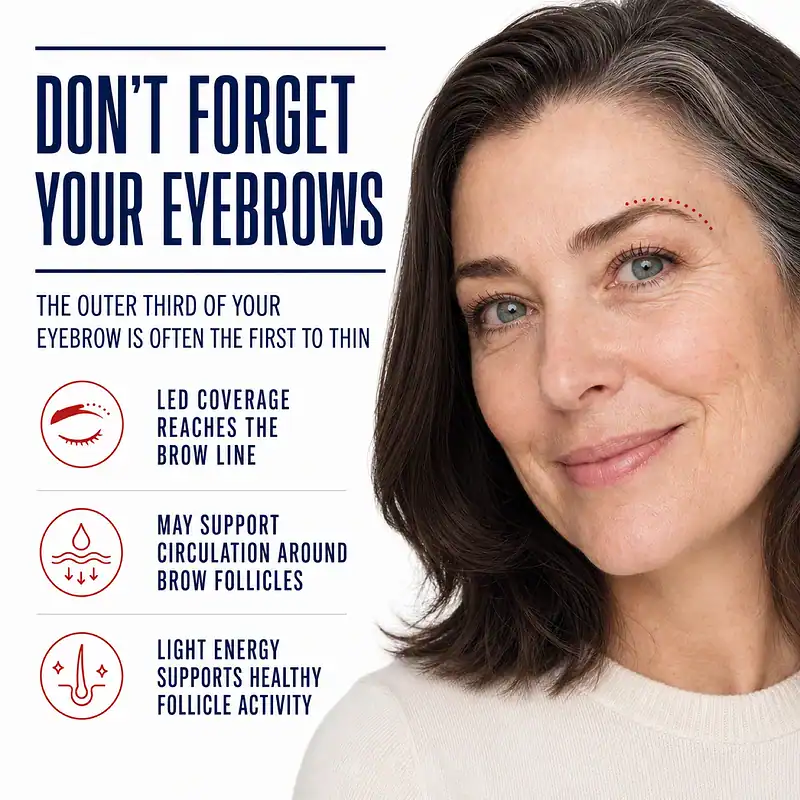 Close-up of a woman showing outer eyebrow coverage with Thyro Face Light callouts for circulation and healthy follicle activity.