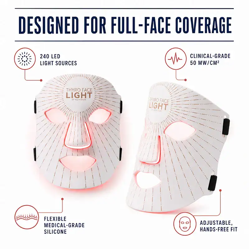 Front and side views of Thyro Face Light with 240 LED sources, 50 milliwatts per square centimeter, flexible medical-grade silicone, and an adjustable hands-free fit.