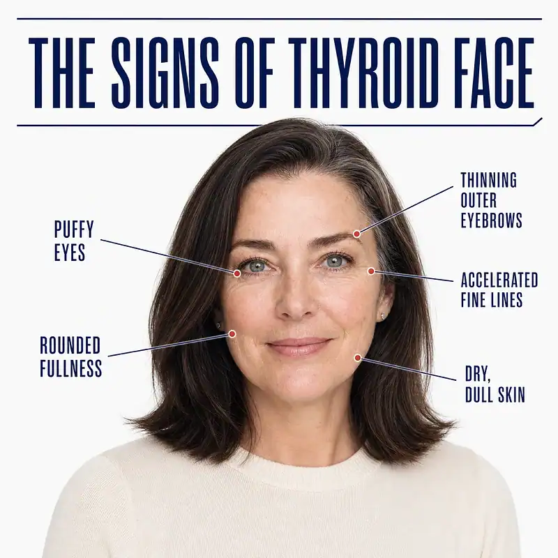 Woman with callouts identifying puffy eyes, rounded facial fullness, thinning outer eyebrows, fine lines, and dry, dull skin associated with thyroid-related facial changes.