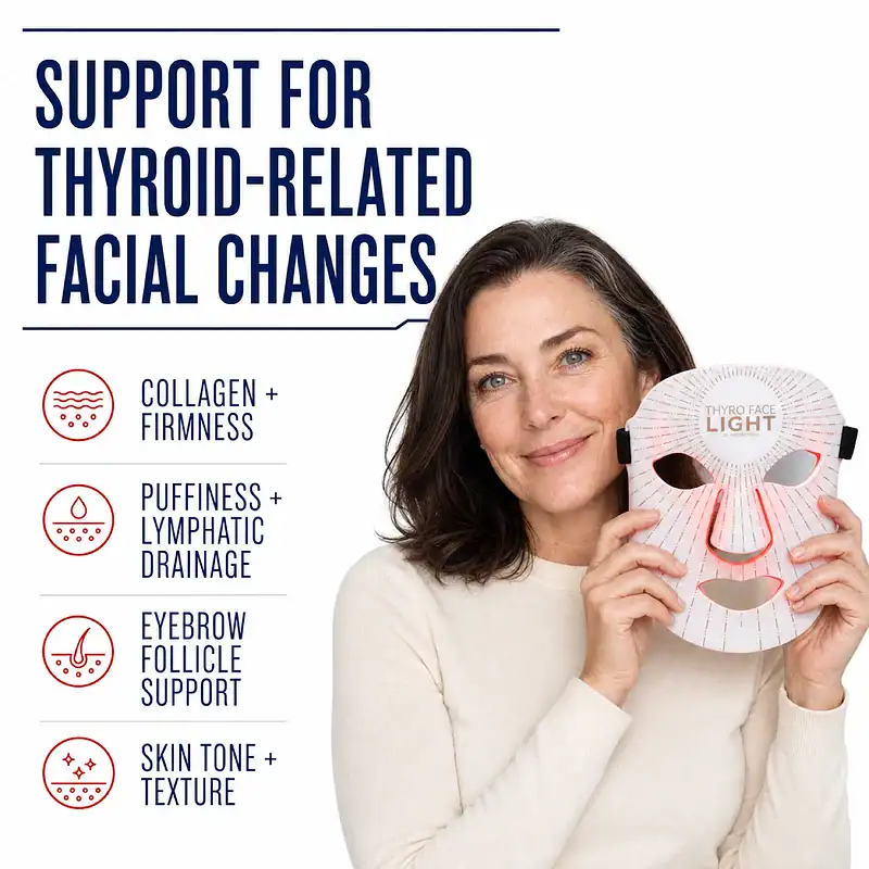 Woman holding the Thyro Face Light beside callouts for collagen and firmness, puffiness and lymphatic drainage, eyebrow follicle support, and skin tone and texture.
