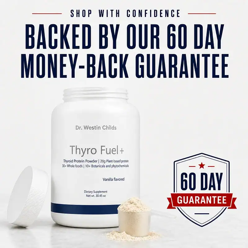 Open Thyro Fuel+ protein powder tub with scoop and a 60-day money-back guarantee badge.