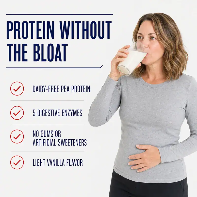Woman drinking Thyro Fuel+ with benefits including dairy-free pea protein, digestive enzymes, no gums or artificial sweeteners, and a light vanilla flavor.