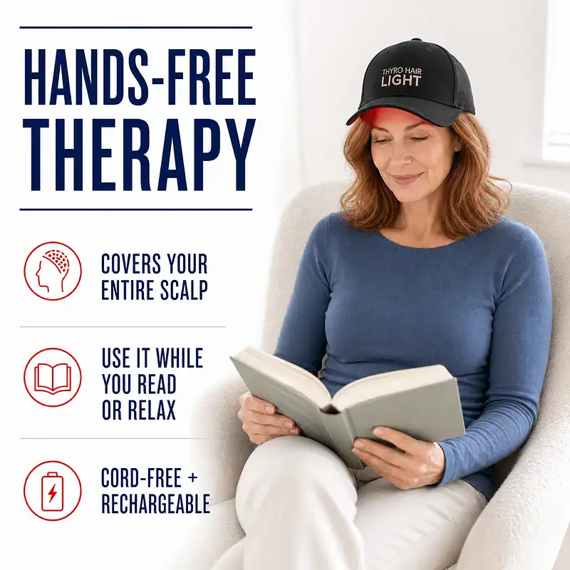 Woman reading at home while wearing the cord-free, rechargeable Thyro Hair Light cap for hands-free full-scalp coverage.