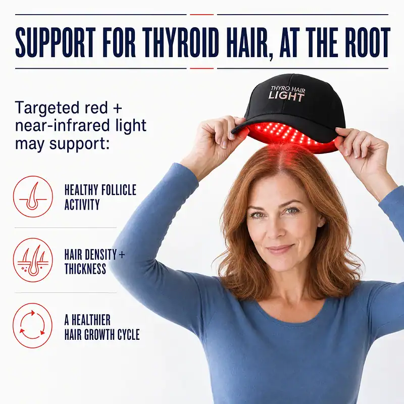 Woman lifting the Thyro Hair Light cap to show its red LED array beside callouts for healthy follicle activity, hair density, and a healthier hair growth cycle.