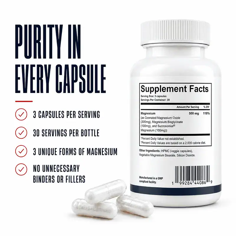 Thyro Mag+ Supplement Facts bottle and white capsules showing 500 mg total magnesium from 300 mg ozonated magnesium oxide, 100 mg magnesium bisglycinate, and 100 mg Sucrosomial magnesium.