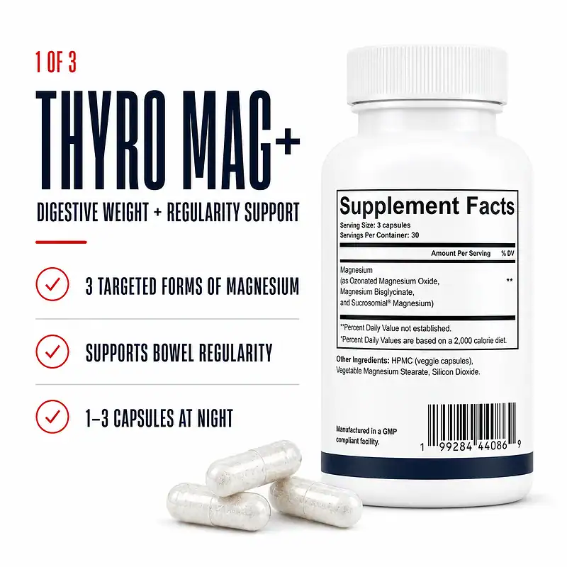 Thyro Mag+ Supplement Facts and capsules with three forms of magnesium for bowel regularity and digestive weight support.